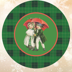 Vintage Christmas Children on Green Plaid Classic Round Sticker