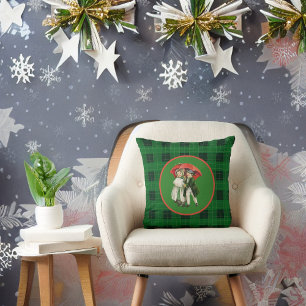 Vintage Christmas Children on Green Plaid Throw Pillow
