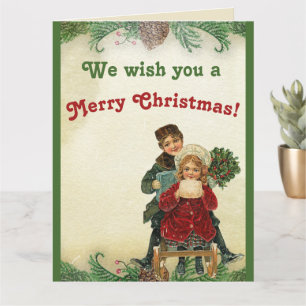 Vintage Christmas Children Playing Pine Cone Bough Card