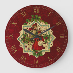Vintage Christmas Children   Red Floral Background Large Clock