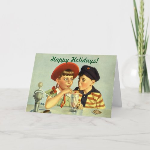 Vintage Christmas Children Sharing a Shake Holiday Card