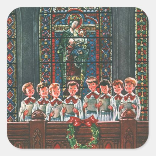 Vintage Christmas Children Singing Choir in Church Square Sticker