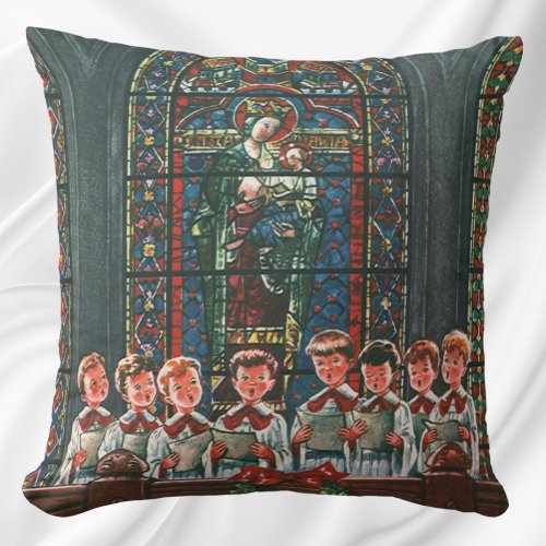 Vintage Christmas Children Singing Choir in Church Throw Pillow