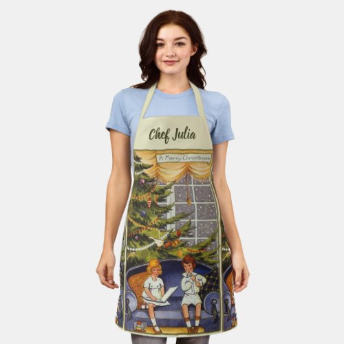 Vintage Christmas Children Sitting on a Couch Apron