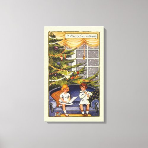 Vintage Christmas Children Sitting on a Couch Canvas Print