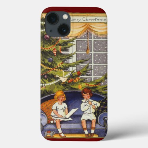 Vintage Christmas Children Sitting on a Couch iPhone 13 Case
