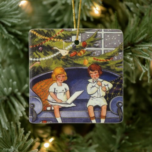 Vintage Christmas Children Sitting on a Couch Ceramic Ornament