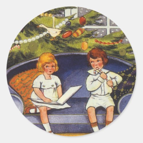 Vintage Christmas Children Sitting on a Couch Classic Round Sticker