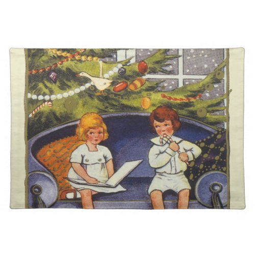 Vintage Christmas Children Sitting on a Couch Cloth Placemat