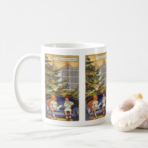 Vintage Christmas Children Sitting on a Couch Coffee Mug
