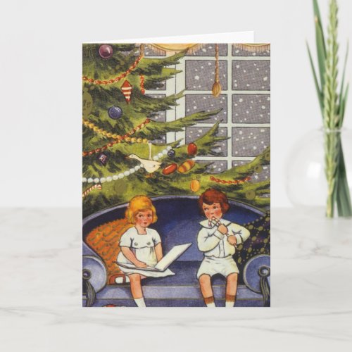 Vintage Christmas Children Sitting on a Couch Holiday Card