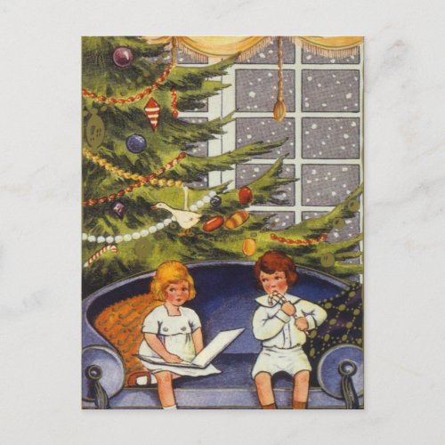 Vintage Christmas Children Sitting on a Couch Holiday Postcard