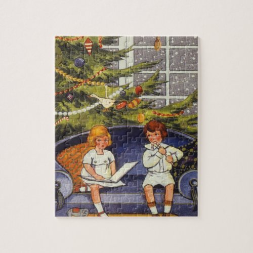 Vintage Christmas Children Sitting on a Couch Jigsaw Puzzle