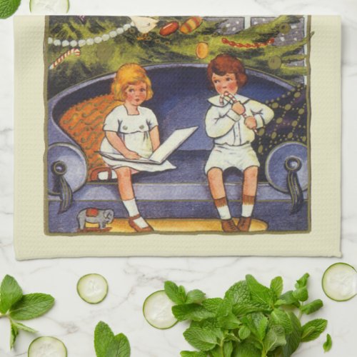 Vintage Christmas Children Sitting on a Couch Kitchen Towel