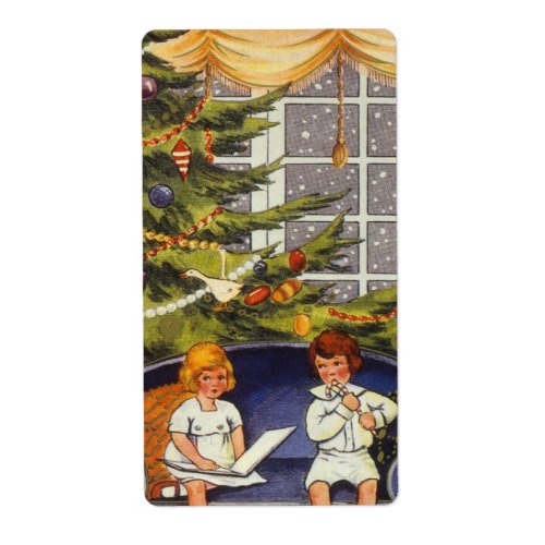 Vintage Christmas Children Sitting on a Couch Label