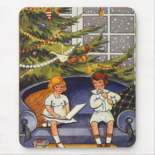 Vintage Christmas Children Sitting on a Couch Mouse Pad