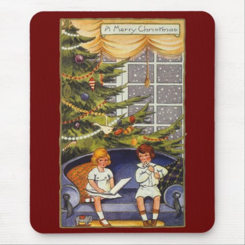 Vintage Christmas Children Sitting on a Couch Mouse Pad