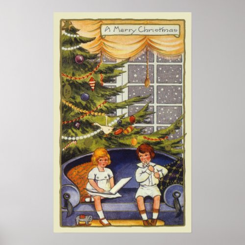 Vintage Christmas Children Sitting on a Couch Poster