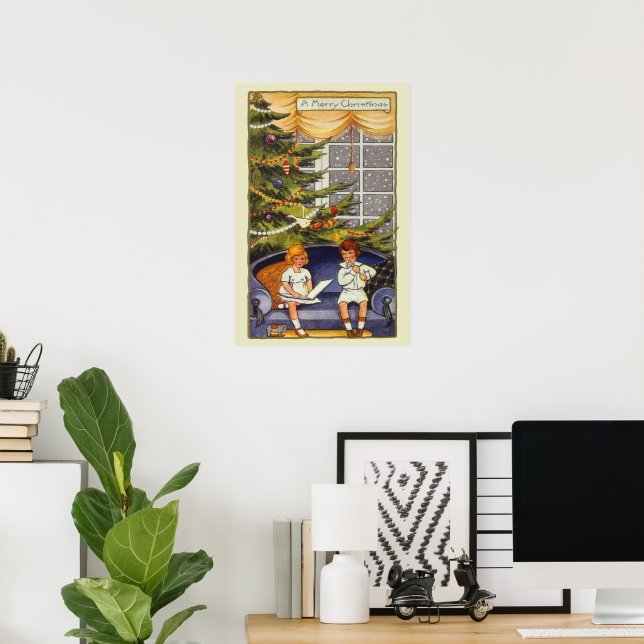 Vintage Christmas, Children Sitting on a Couch Poster (Home Office)