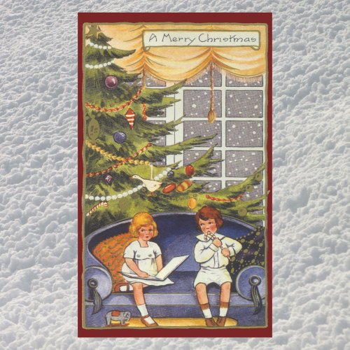 Vintage Christmas Children Sitting on a Couch Rectangular Sticker