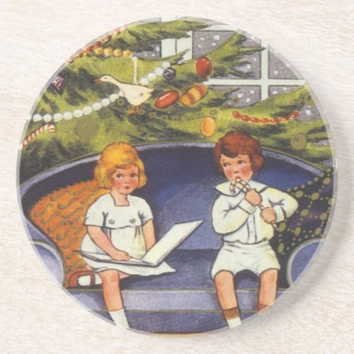 Vintage Christmas Children Sitting on a Couch Sandstone Coaster