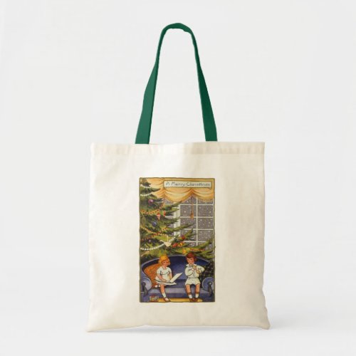 Vintage Christmas Children Sitting on a Couch Tote Bag