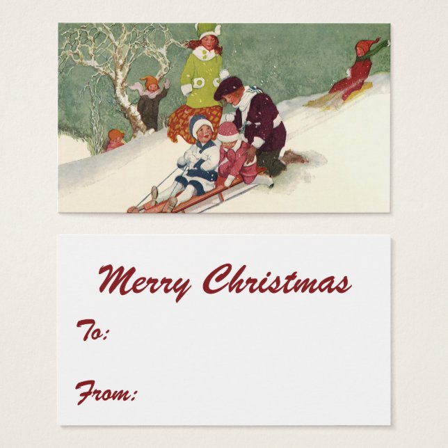 Vintage Christmas, Children Sledding in the Snow (Front & Back)