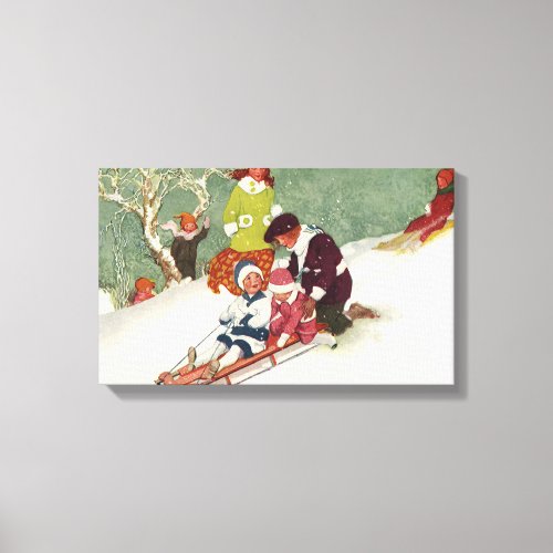 Vintage Christmas Children Sledding in the Snow Canvas Print