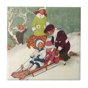 Vintage Christmas, Children Sledding in the Snow Ceramic Tile