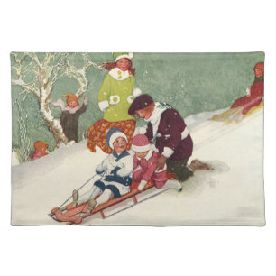 Vintage Christmas, Children Sledding in the Snow Cloth Placemat
