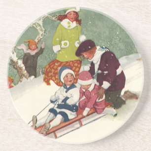 Vintage Christmas, Children Sledding in the Snow Coaster
