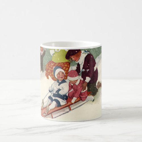 Vintage Christmas Children Sledding in the Snow Coffee Mug