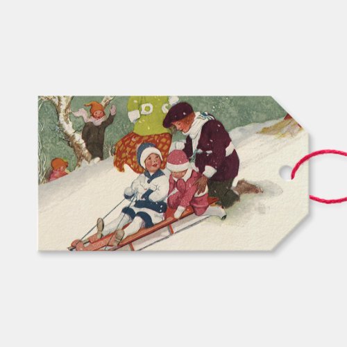 Vintage Christmas Children Sledding in the Snow Gift Tags