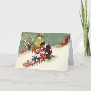 Vintage Christmas, Children Sledding in the Snow Holiday Card