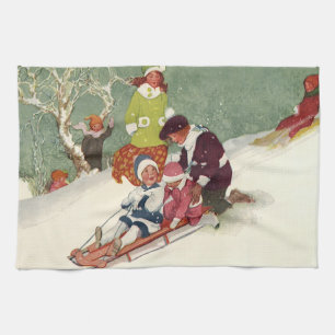 Vintage Christmas, Children Sledding in the Snow Kitchen Towel