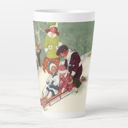 Vintage Christmas Children Sledding in the Snow Latte Mug