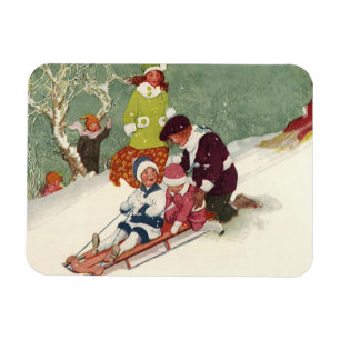 Vintage Christmas, Children Sledding in the Snow Magnet