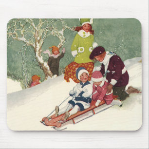 Vintage Christmas, Children Sledding in the Snow Mouse Pad