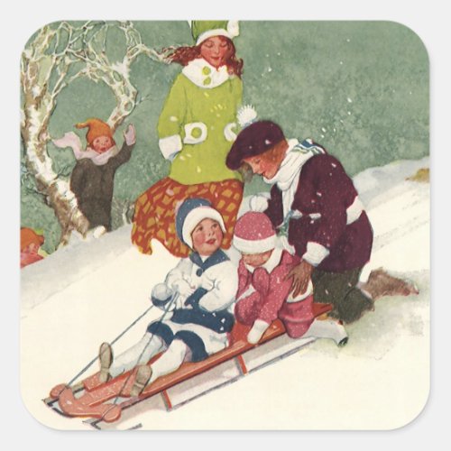 Vintage Christmas Children Sledding in the Snow Square Sticker