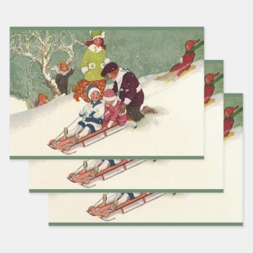 Vintage Christmas Children Sledding in the Snow Wrapping Paper Sheets