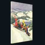 Vintage Christmas, Children Sledding on a Mountain Canvas Print<br><div class="desc">Vintage illustration Merry Christmas holiday snowscape design featuring children,  a group of boys and girls having fun sledding down a snow covered hill. Mountains,  trees and a lake complete this beautiful winter landscape. Reminds me of winters in Donner in Lake Tahoe.</div>