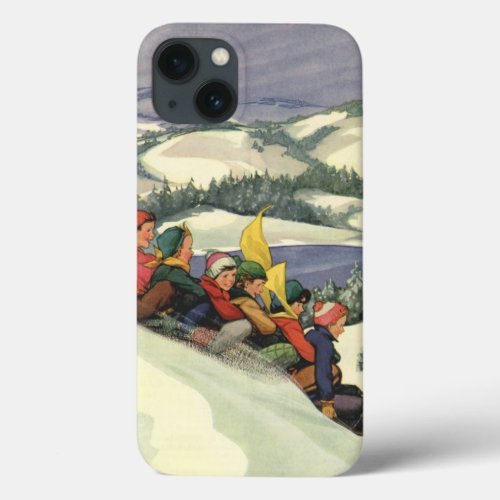 Vintage Christmas Children Sledding on a Mountain iPhone 13 Case