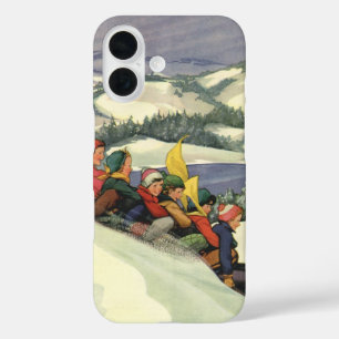 Vintage Christmas, Children Sledding on a Mountain iPhone 16 Case