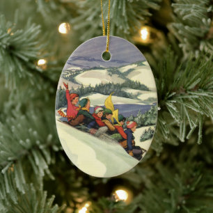 Vintage Christmas, Children Sledding on a Mountain Ceramic Ornament