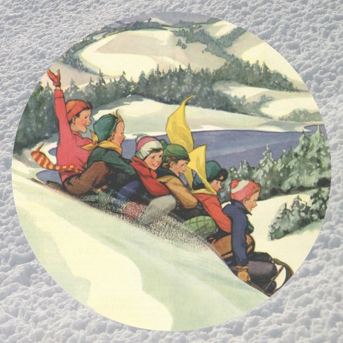 Vintage Christmas Children Sledding on a Mountain Classic Round Sticker