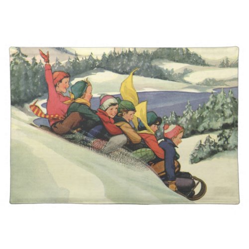 Vintage Christmas Children Sledding on a Mountain Cloth Placemat