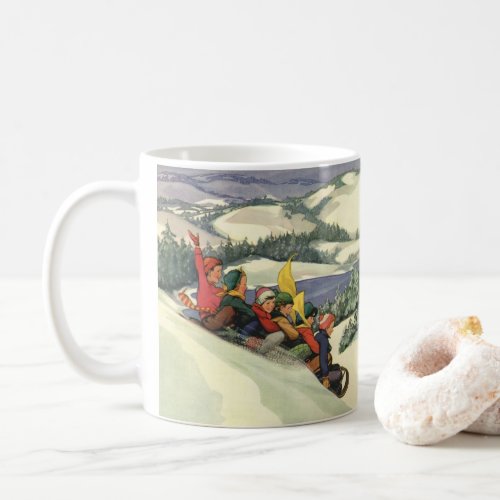 Vintage Christmas Children Sledding on a Mountain Coffee Mug