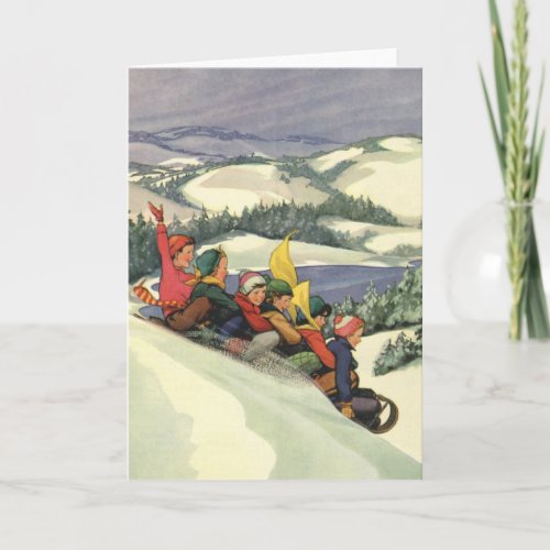 Vintage Christmas Children Sledding on a Mountain Holiday Card