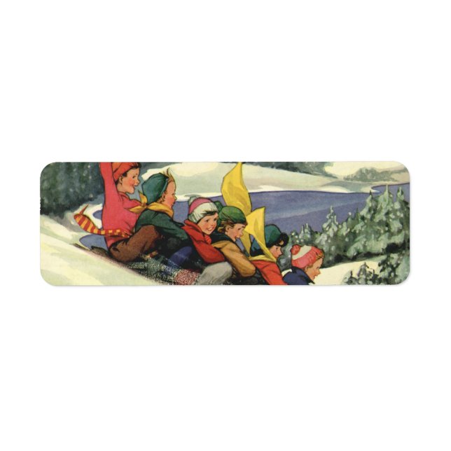 Vintage Christmas, Children Sledding on a Mountain Label (Front)