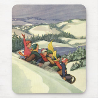 Vintage Christmas, Children Sledding on a Mountain Mouse Pad